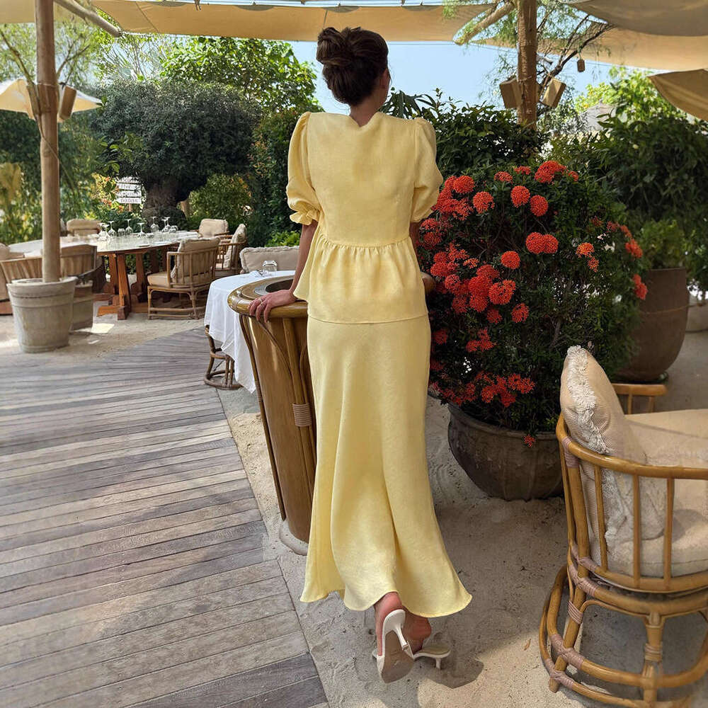 V-Neck Summer New Ruffle Short Sleeve Midi Skirt Set B5