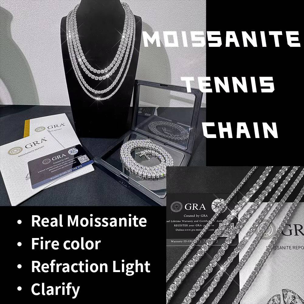 Iced Out Moissanite Bracelet Tennis Chain Men 4mm 5mm 6mm 925 Silver Bling Moissanite Tennis Chain