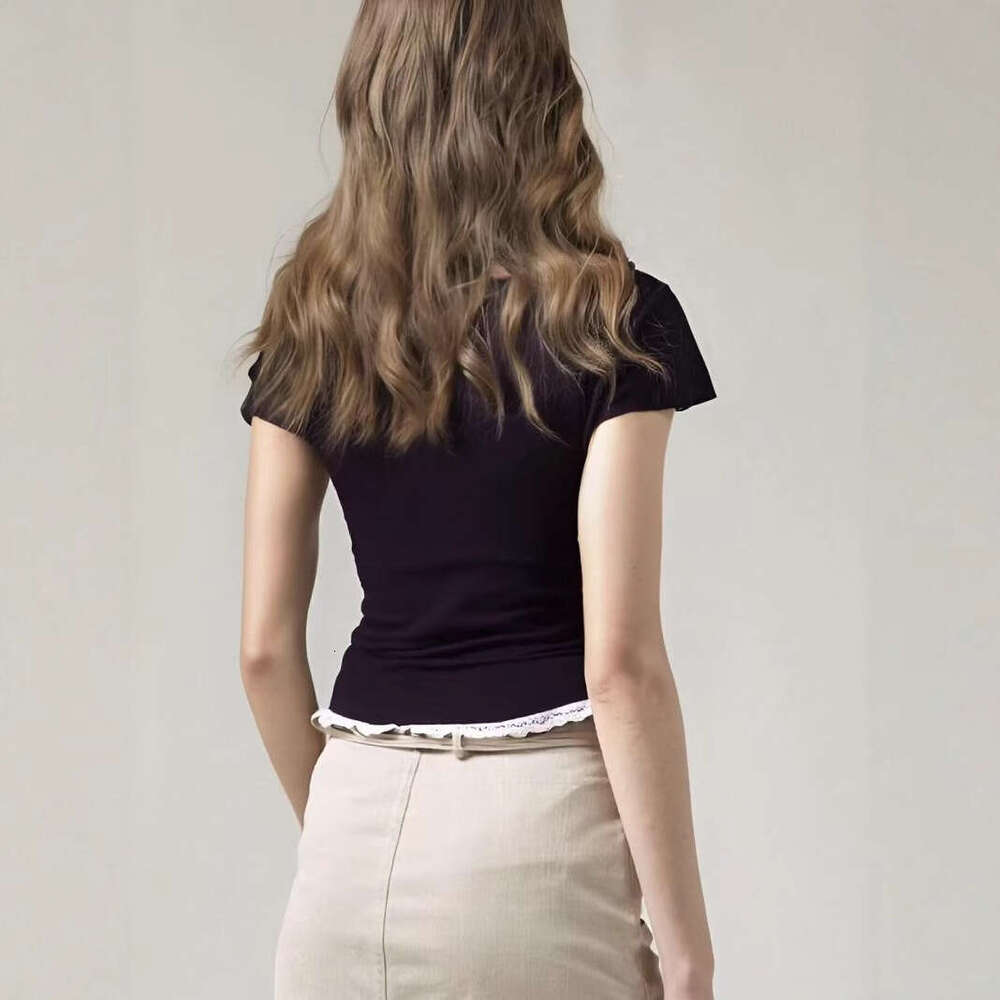 American Style Lace Square Neck Short Sleeve T-Shirt For Women Summer Slimming Versatile Basic Top B5 g7