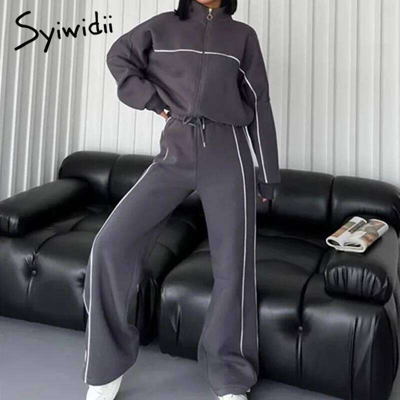 Syiwidii Women 2 Pieces Set Casual Sports Suits Long Sleeved Stand Collar Coat Drawstring Trousers 2025 New Elegant Lady Clothes MDNG