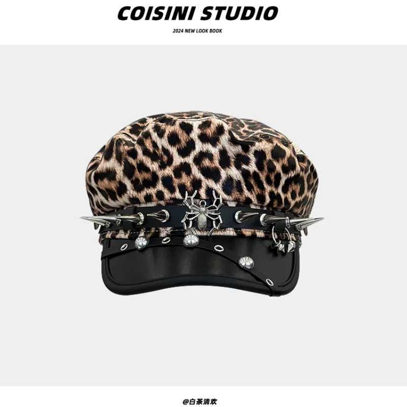 American Retro Leopard Print Rivet Buckle Octagonal Hats Women Spring Autumn Travel Photo Versatile PU Leather Newsboy Berets L250718