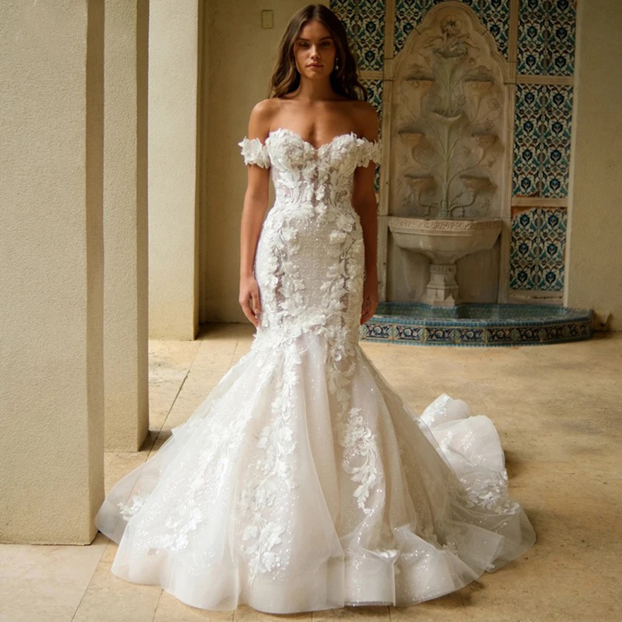 Gorgeous Appliques Court Train Mermaid Wedding Dress 2025 Romantic Sweetheart Beading 3D Flowers Princess Bridal Gown Customized