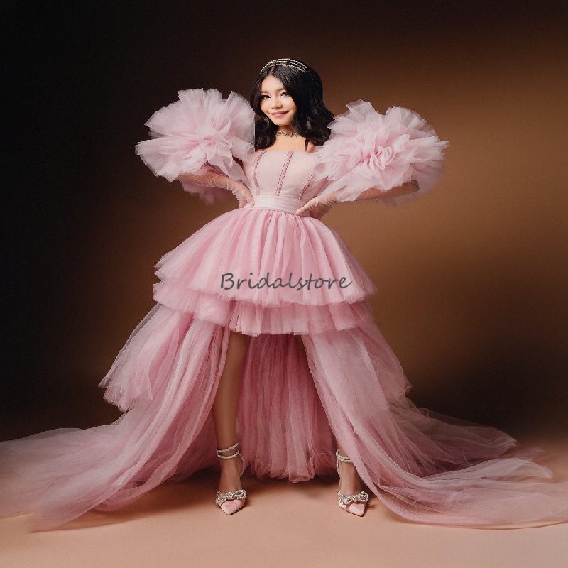 High Low Pink Birthday Dress 2025 Ruffles Sleeve Boho Tulle Prom Dress Elegant Cocktail Graduation Party Evening Skirt Holiday Ceremony Graduation Dre