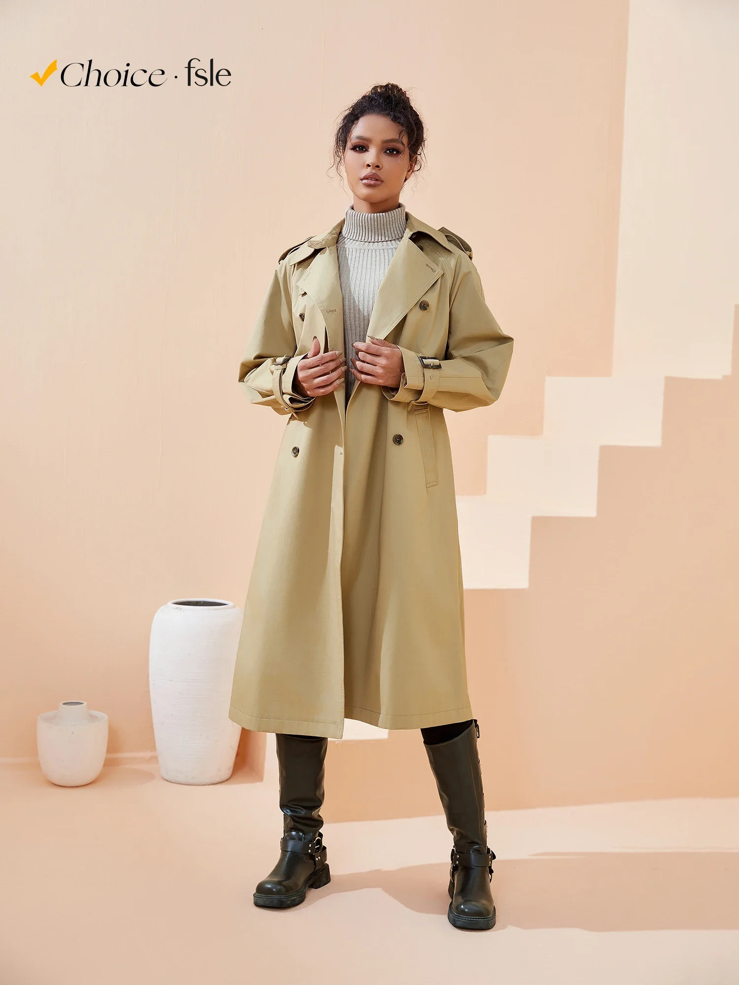 FSLE Women Trench Khaki Autumn Long Trench Coats Turn Down Collar Full Sleeve 100% Cotton Women Oversized Trench 24FS11325 250715