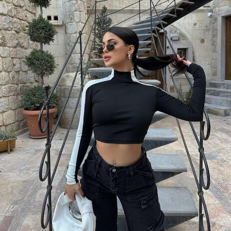 Autumn New Style Color Block Stand Collar Long Sleeve T-Shirt Short Slim Fit Top Ins B5