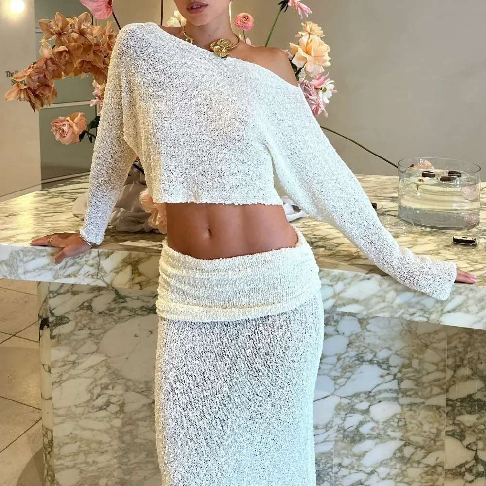 Summer Knit Beach Skirt Sets Women Sexy See Through Holiday Two Piece Outfits Long Sleeve Top and Maxi Skirt Matching Set 2025 250715