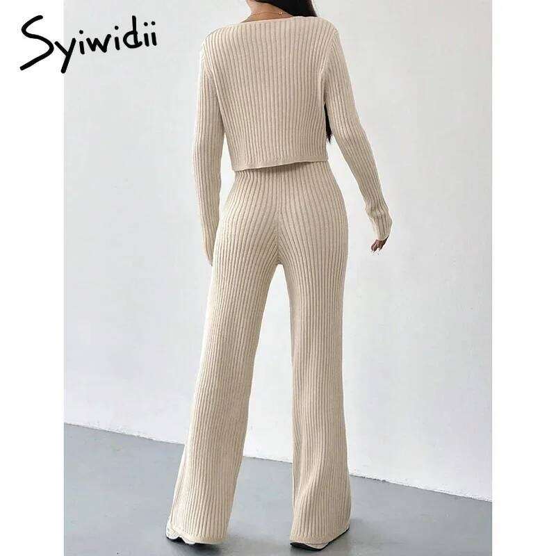 Syiwidii Autumn Women Suits Casual V Neck Single Breasted Tops High Waist Straight Pants Fashion Elegant Commuting 2 Piece Sets MDNG