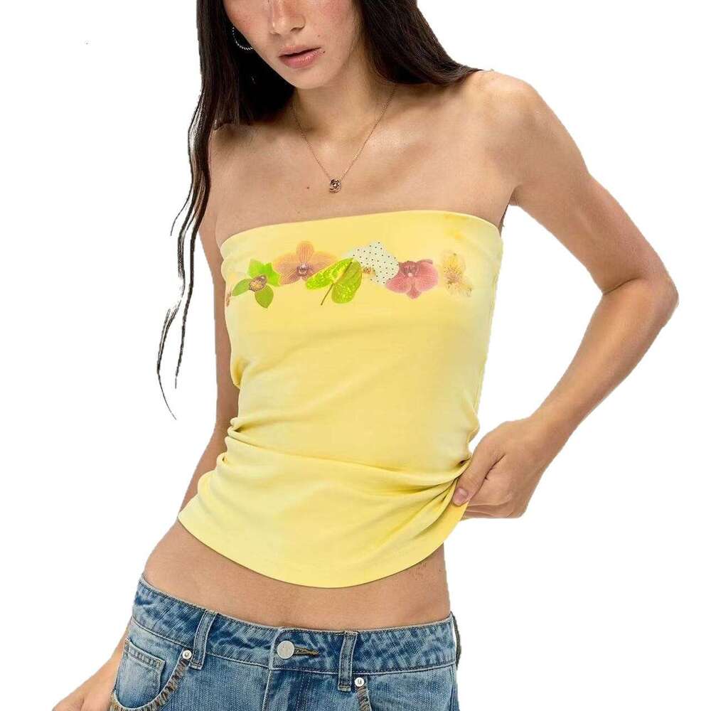 Spicy Girl Pure Desire Floral Print Tube Vest Summer Vacation Style Fresh Top B5