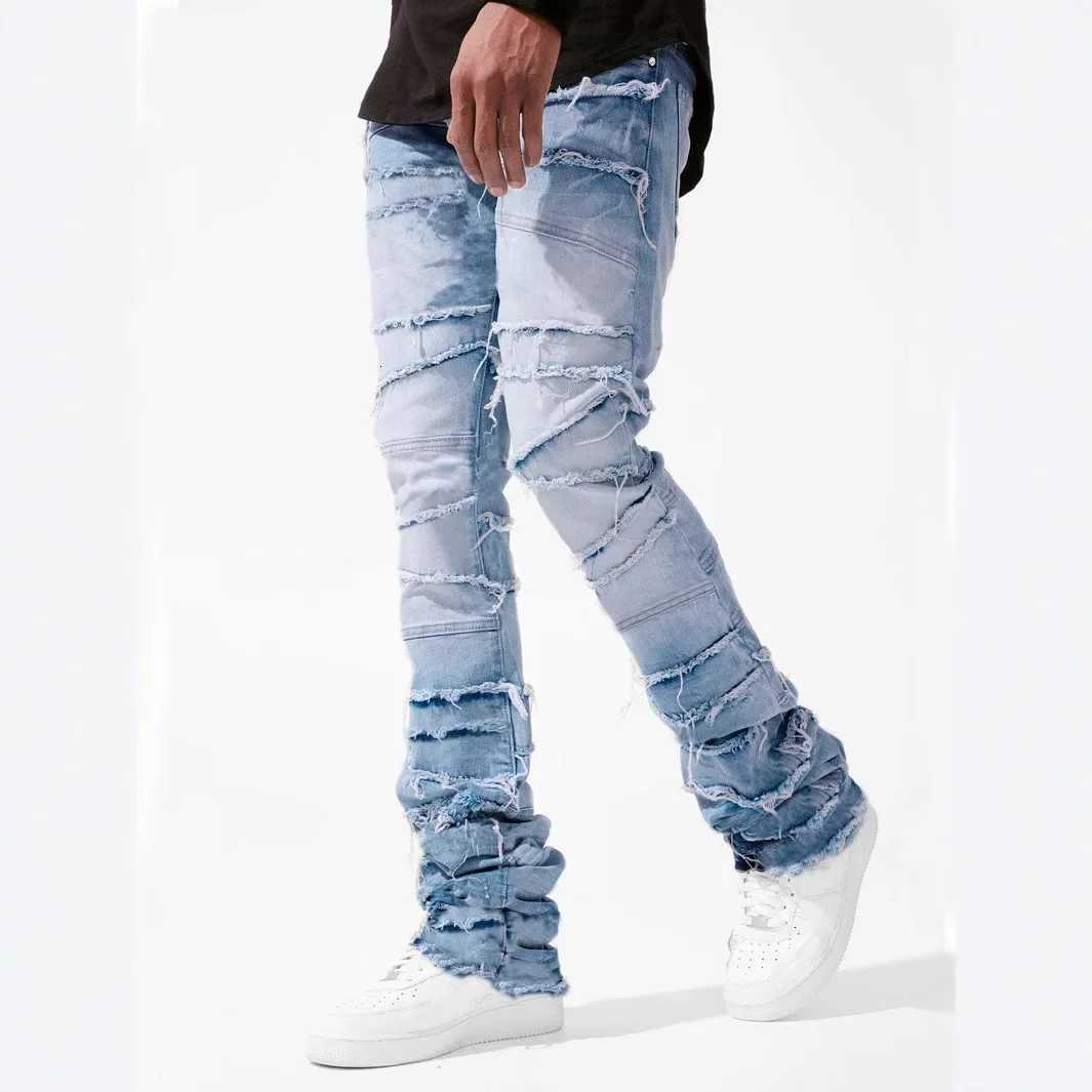 Four Seasons Mens American Style High Street Elastic Patchwork Jeans Pants Hip-hop Trendy Casual Straight Denim Trousers Men X2507181