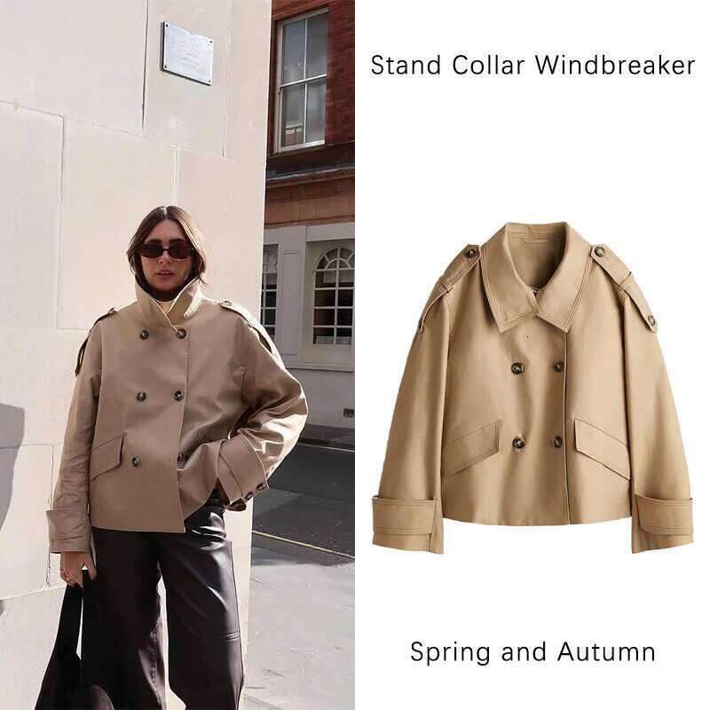 Vintage Double Breasted Trend Coat Women Commute Elegant Loose Long Sleeve Top Jacket Spring Street Stand Collar Outwear