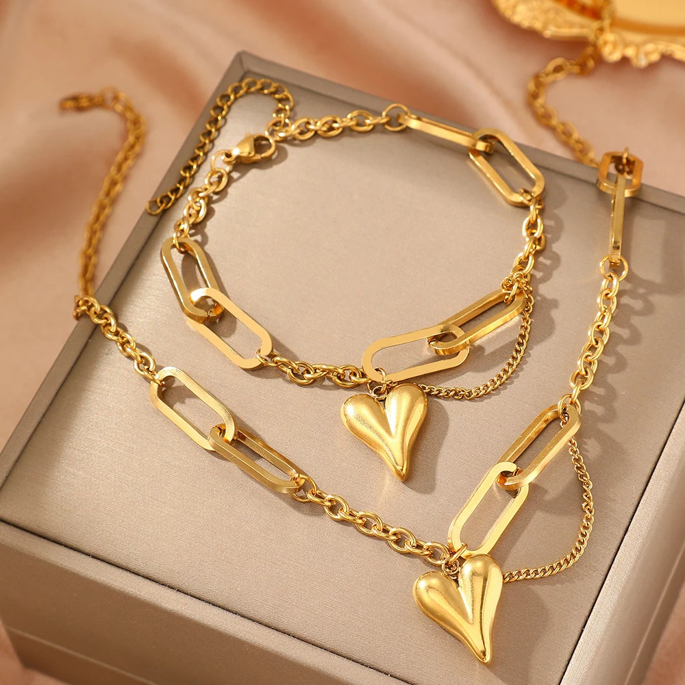 Stainless steel combination of two sets of light retro heart-shaped irregular chain womens jewelry daily matching 250715