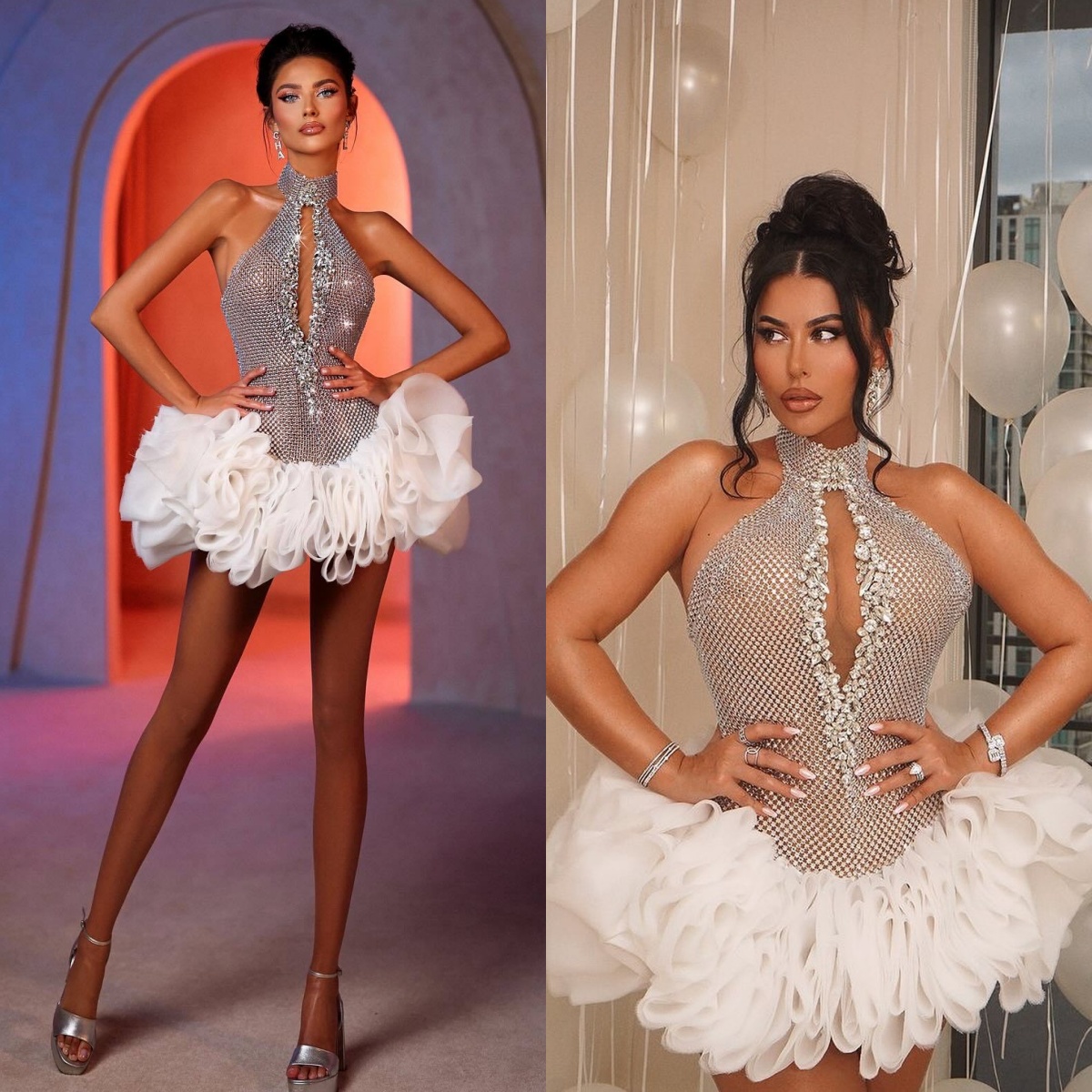 Puffy A Line Prom Dresses Fashion High Neck Sleeveless Mini Evening Dress Crystal Above Knee Length Party Gown Customized