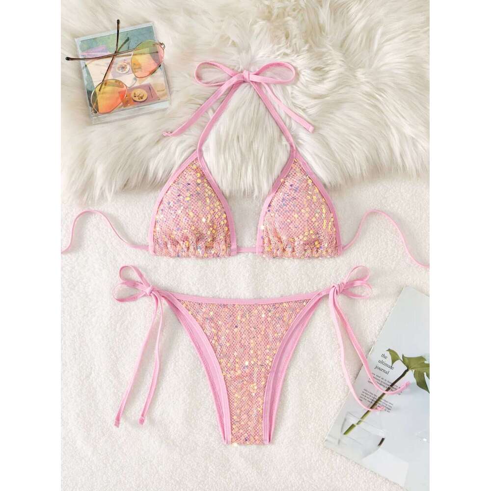 Shiny Sequin Black Bikini Set Women Sexy Push Up Bra Tie Side Triangle Swimsuit 2025 Brazilian Beach Bathing Suit Micro Swimwear