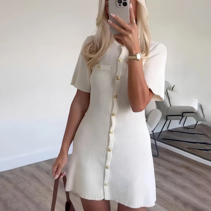 White Elegant Knitted Mini Dress For Women Metal Button Sexy Slim Rib Sweater Dress Holiday Party Outfits Autumn 250715