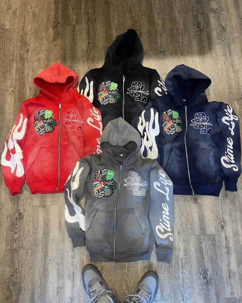 Harajuku Trend Brand Casual Loose Oversized Zipper Hoodie Men Y2K Gothic Retro Letter Flame Embroidered Sweatshirt Jacket Women X250718