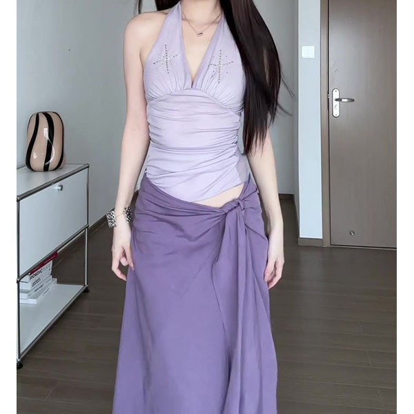 Sexy Hot Girl Style Purple Halter Neck Backless Camisole Top Women Summer New Low Waist Tie Hip-hugging Long Skirt Set