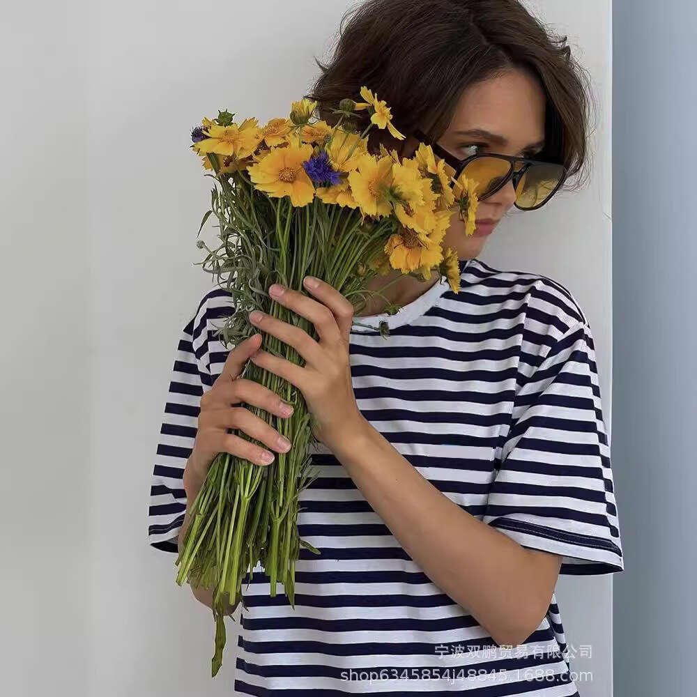 Spring Summer Casual Loose Striped T-Shirt For Women Cotton Round Neck Long Sleeve Pullover Top B5