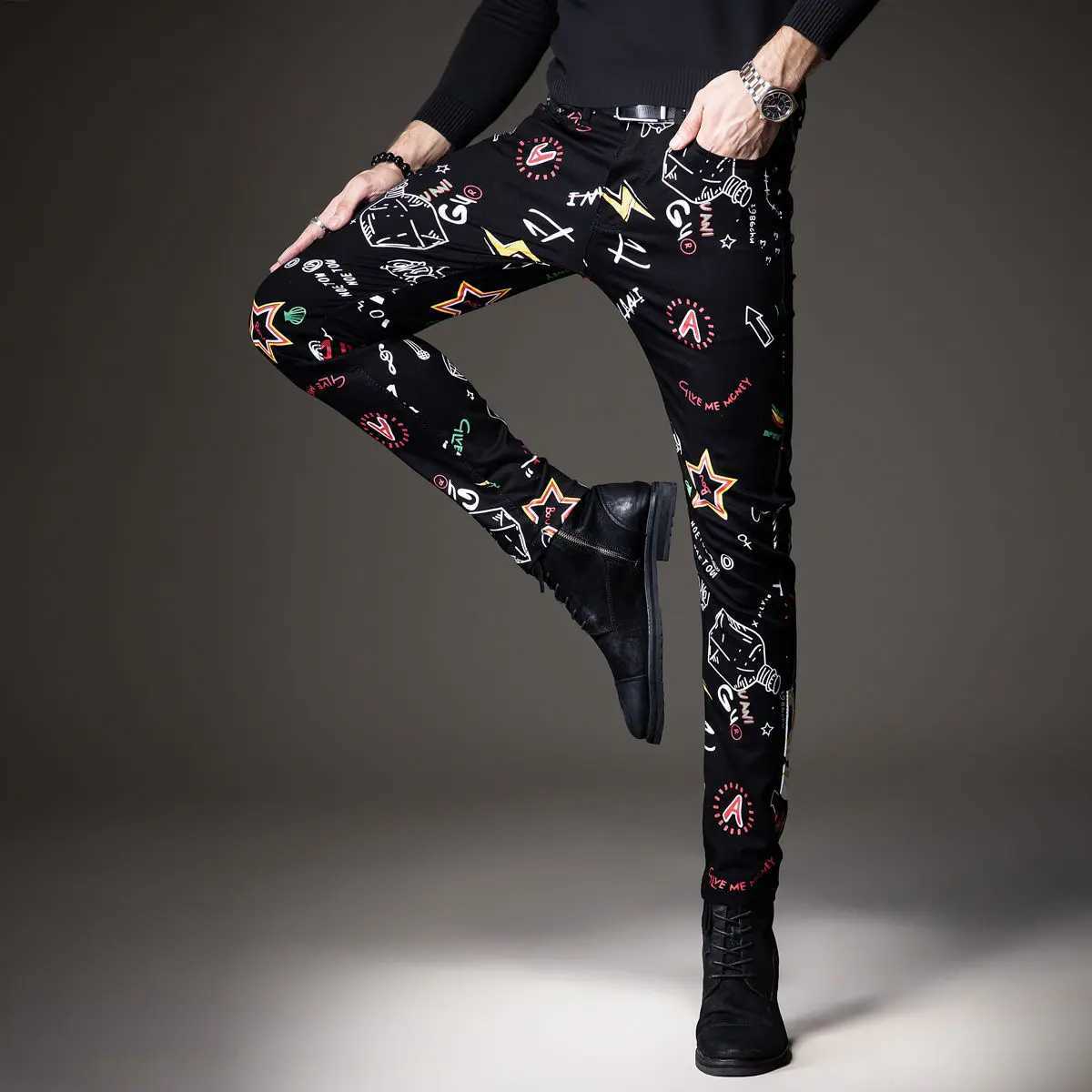 Luxury Mens Denim Pants Hip Hop Graffiti Print Jeans Designer Slim Fit Trendy Black Jeans Stretch Cowboy Cotton Trousers for Men X250718