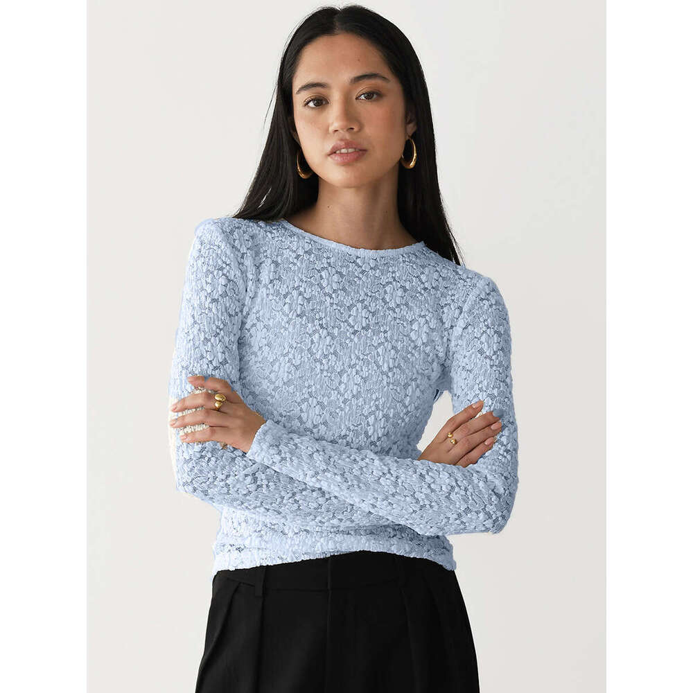 New Style Lace Hollow Out Base Shirt Pearl Button Split Tight Bell Long Sleeve T-Shirt For Women B5