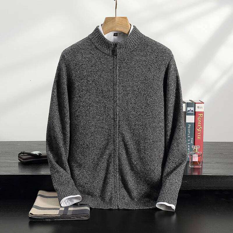 High-End Men 100% Sweater Mock-Neck Long Sleeve Zipper Cardigan Winter Thick Coat Smart Casual Cashmere Knitwear Tops