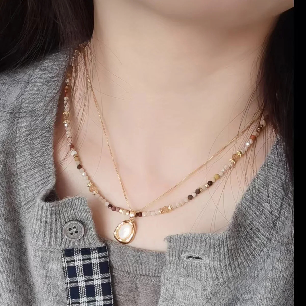 Fashion Summer Jewelry natural Egg yellow stone Beads steel accessories necklace Stacking collarbone chains 250712