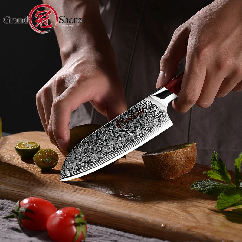 Grandsharp 5 Inch Santoku Knife Japanese Kitchen Knives Damascus Steel Chef Knife with Pakka Handle Full Tang Cooking Tools 250715