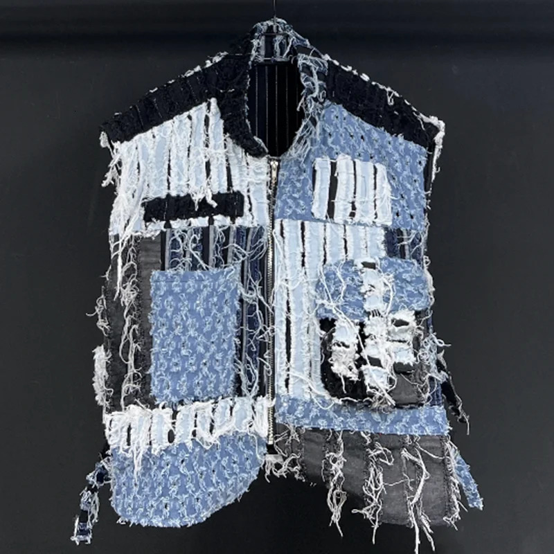 PFHQ Summer Mens Worn Out Denim Vest High Quality Patchwork Techwear Creativity Contrast Color Motorcycle Waistcoat 21Z1136 250717