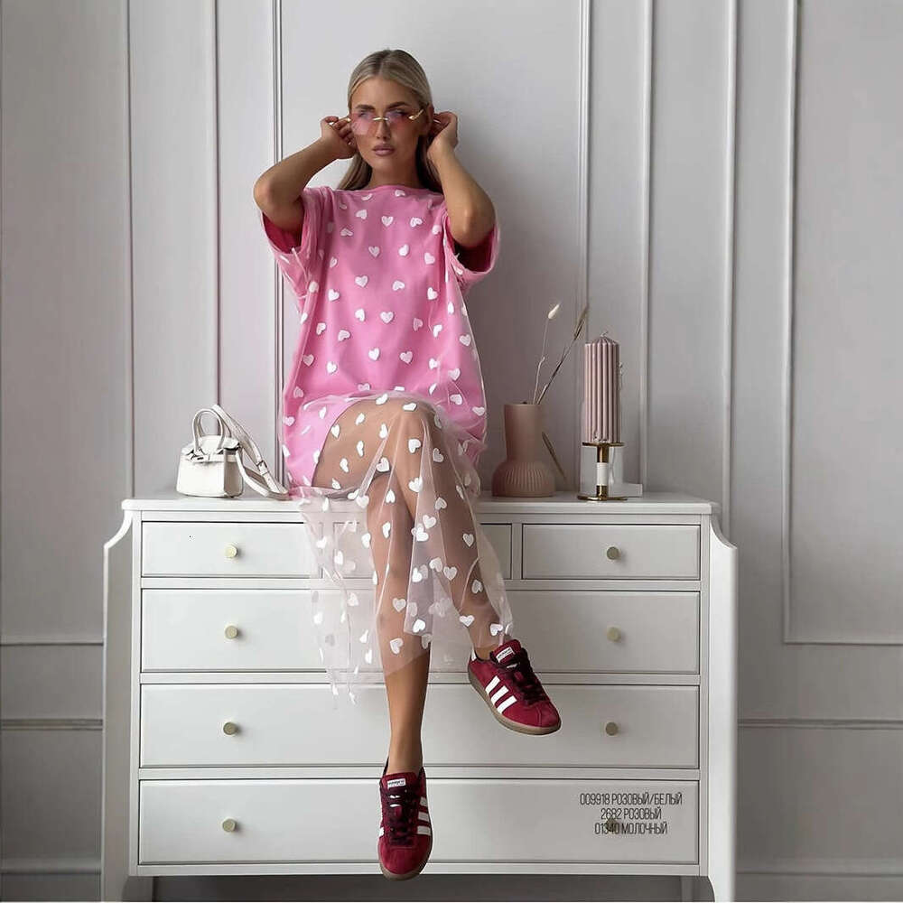 New Style Sexy Women's Long Heart Mesh Patchwork Loose Short Sleeve T-Shirt Dress B5