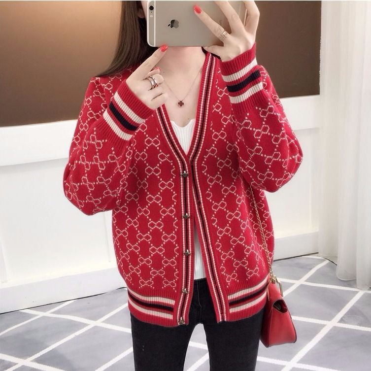 Spring and Autumn Sweater Cardigan Women Knitted Long Sleeve Loose Korean Style Versatile Lazy Diamond V-Neck Trendy 250718