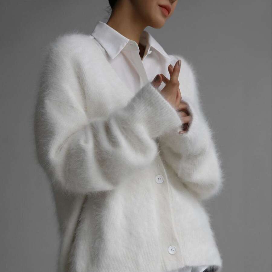 Spring And Autumn Faux Mink Cardigan For Women, Lazy Style Loose Sweater Coat, Soft Long Sleeve Knitted Top B5