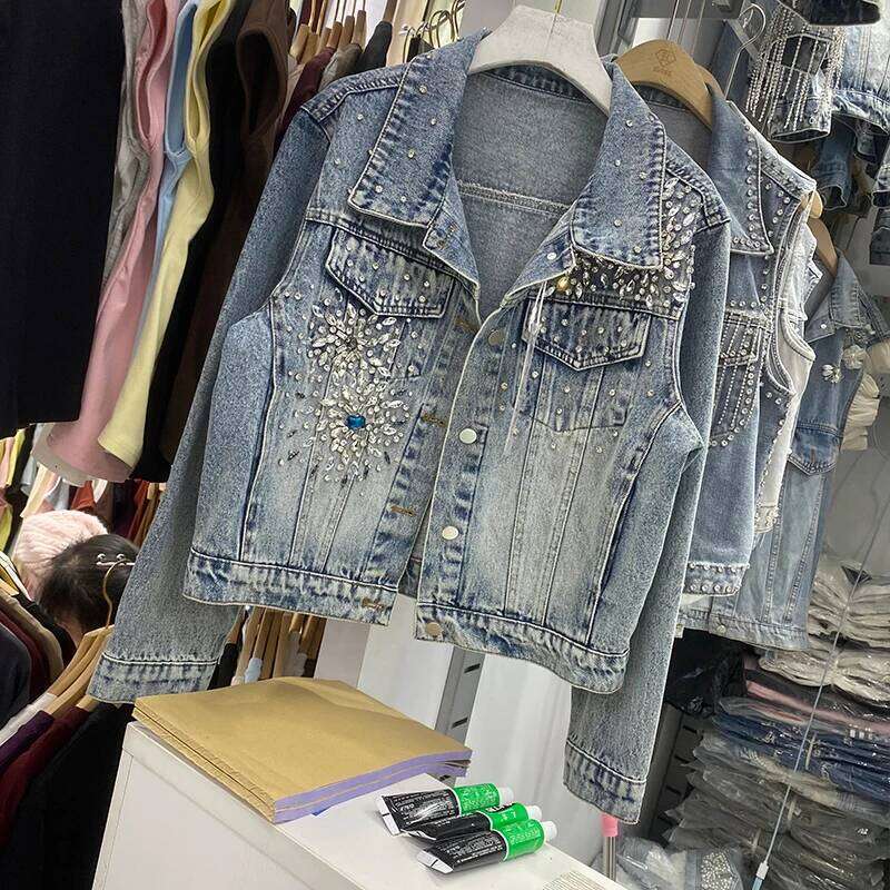 Spring New Fashion Beaded Dia Blue Denim Jacket Lapel Single-Breasted Long Sleeve Loose Casual Female Short Cowboy Outerwear