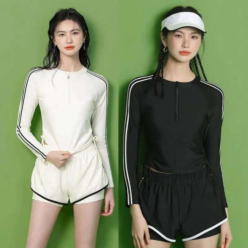 Women Front Zippered Rashguard Two Piece Swimsuit Long Sleeve Surfing Swimwears Athlete Training Bathing Suit