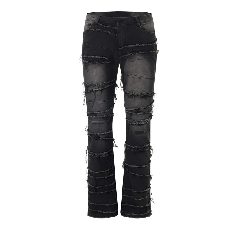 Mens Denim Pull-On Jeans Tiered Raw Trim Pockets Straight Leg Full Length Leisure Trousers Fashion Streetwear 250716