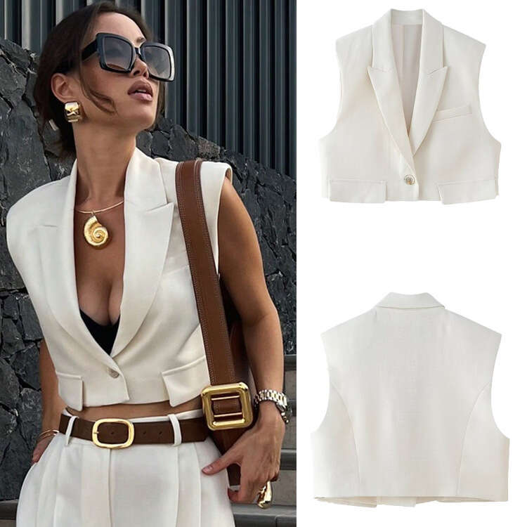 TRAFZA Early Spring New European SHEIN Women's Flip Decor Short Vest B5