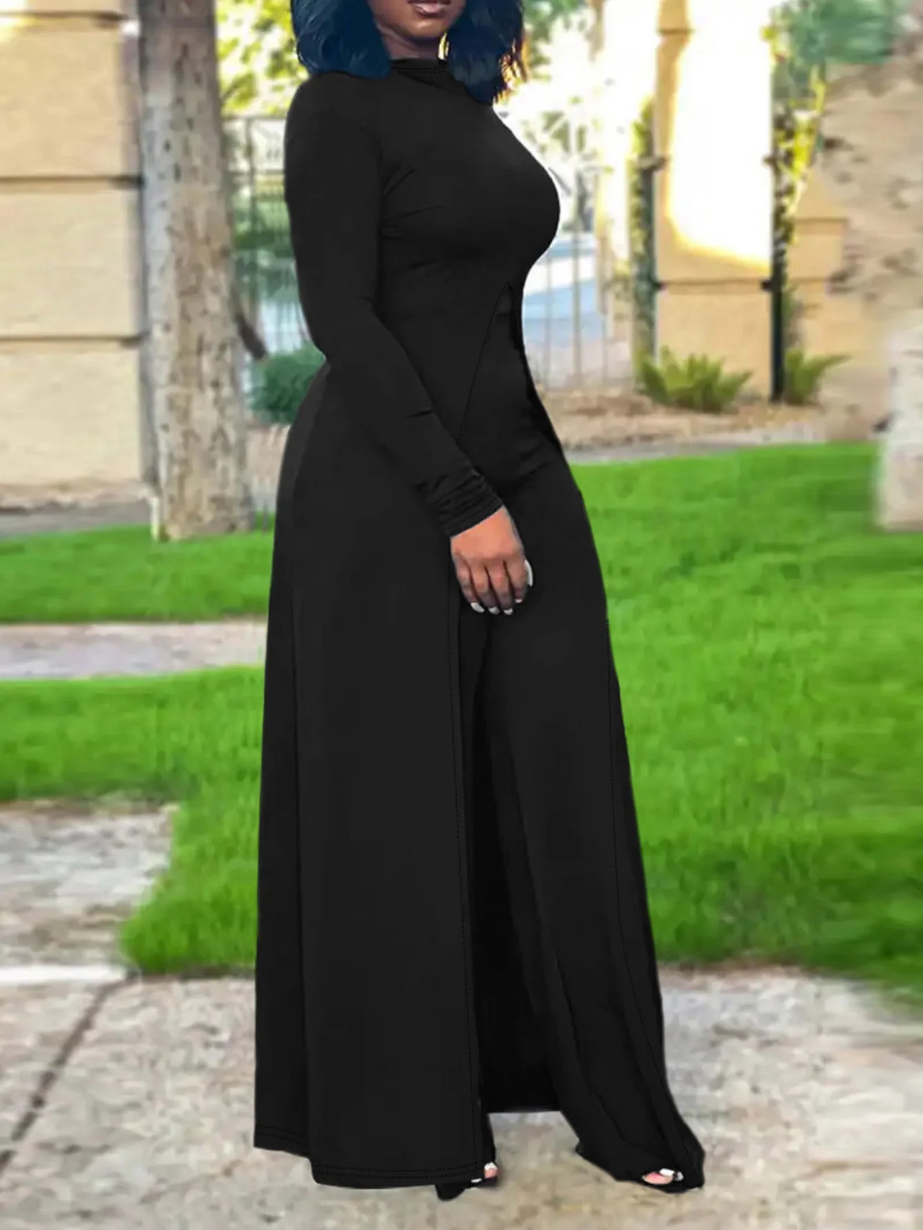 4XL 5XL LW Women Spring Elegant Office Lady BASICS Plus Size Hooded Collar Front Split Black Two Pieces Pants Set Matching Set 250714