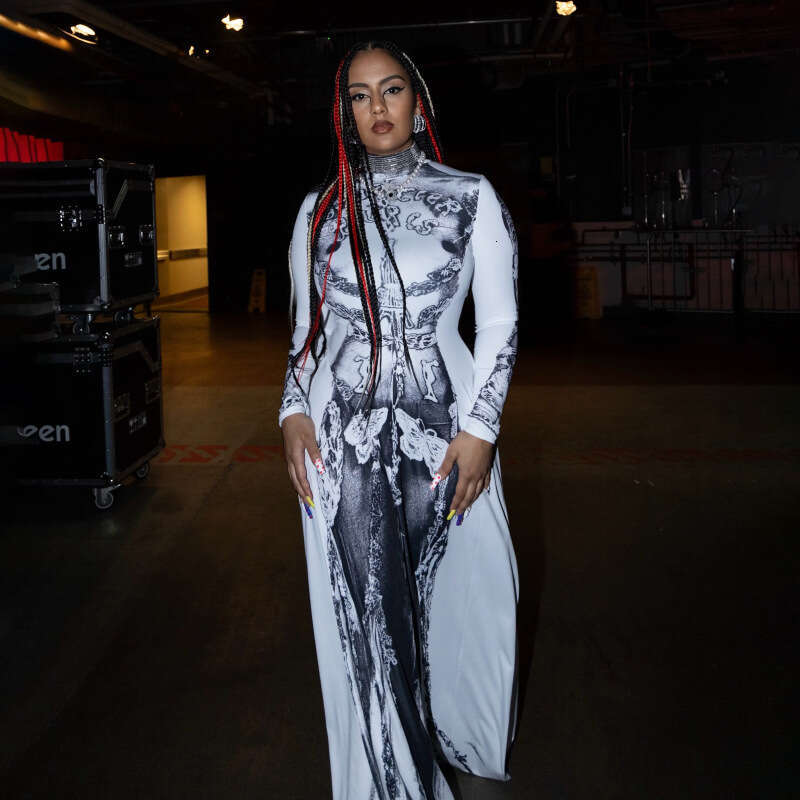 Autumn New Women's High Neck Sleeve Black Printed Halloween Dress Long Style B5 g7