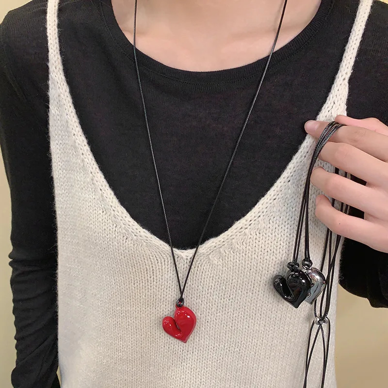 Heart Pendant Necklace Adjustable Pull-out Sweater Chain Accessory 250715