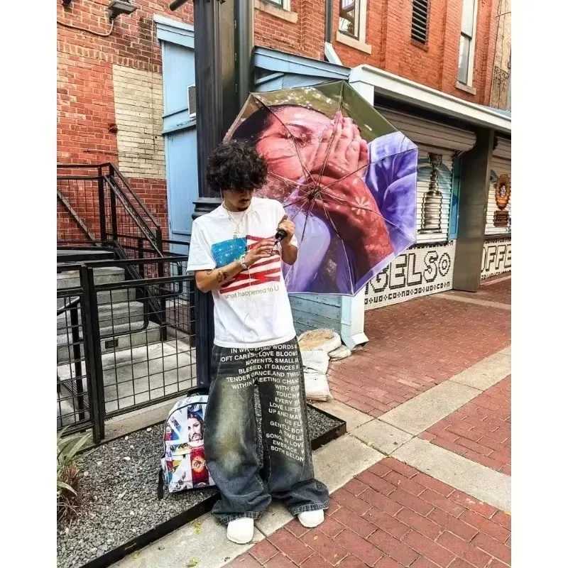 Blue Jeans Vintage Fashion Y2K Wide Leg Pants Harajuku Hip Hop Streetwear Letter Printing Jeans Gothic Black Baggy Casual Pants X250718