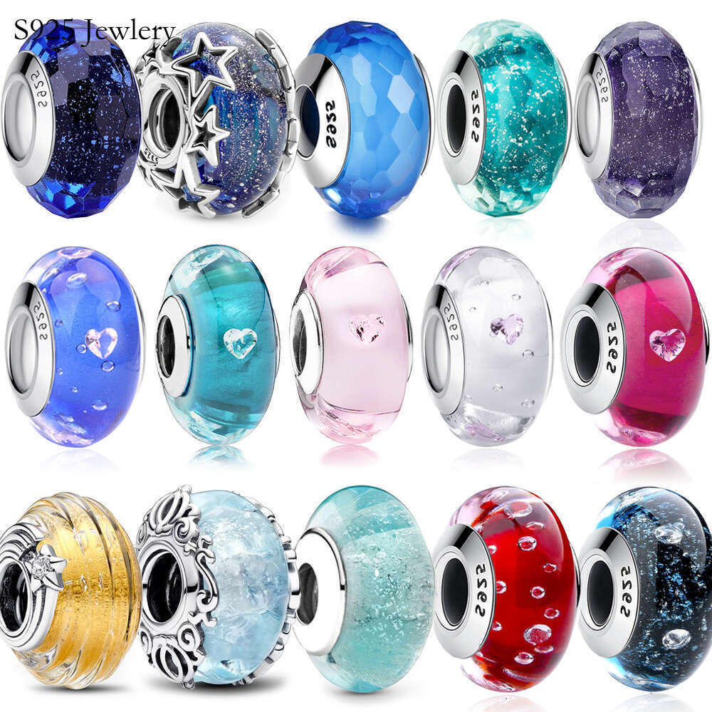 S925 925 New Sterling Silver Colorful Heart Murano Glass Charm Fit Bracelet Necklace Faceted Murano Glass DIY Fine Jewelry