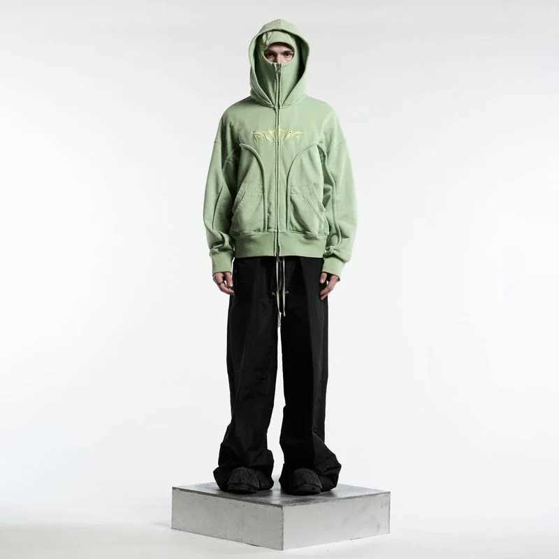 2K Windproof Mask Hoodie Zip Up Double Hat Balaclava Embroidery Streetwear Retro Gothic Heavyweight Unisex Oversize Sweatshirt X2507181