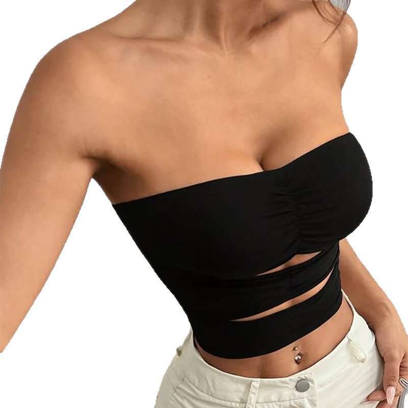 New Style Hollow Out Strapless Tank Top Slim Fit Black Off-Shoulder Sexy Hot Girl B5