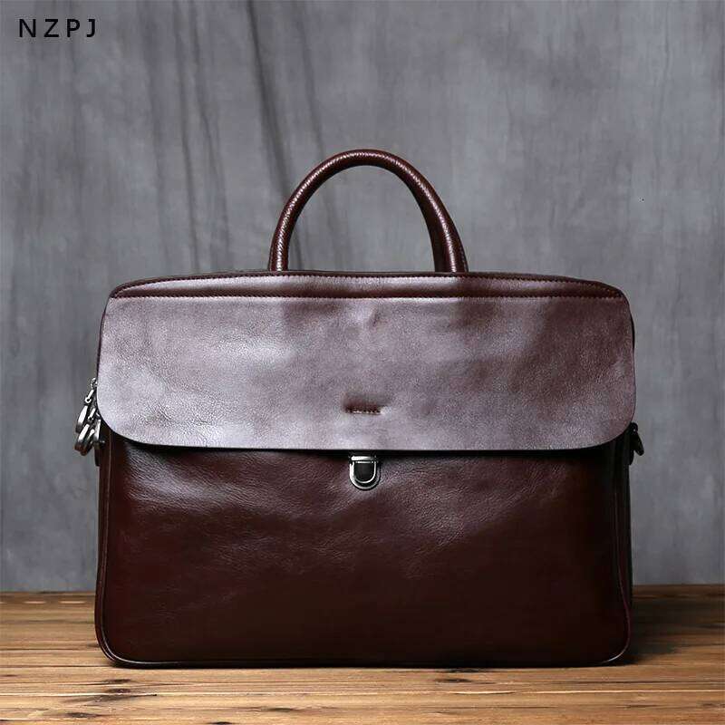NZPJ Genuine Leather Men's Briefcase Vintage Natural Cowhide Handbag Large Capacity Crossbody Casual Fashion Computer Bag MDNG