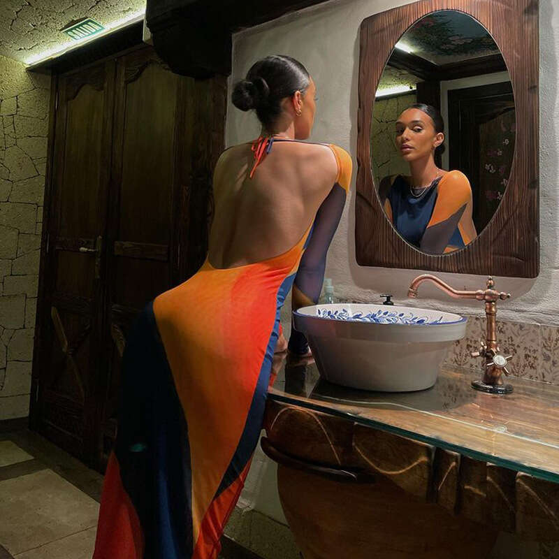 Summer New Women's Fashion Off-Shoulder Printed Sexy Backless Tight Bodycon Midi Dress B5