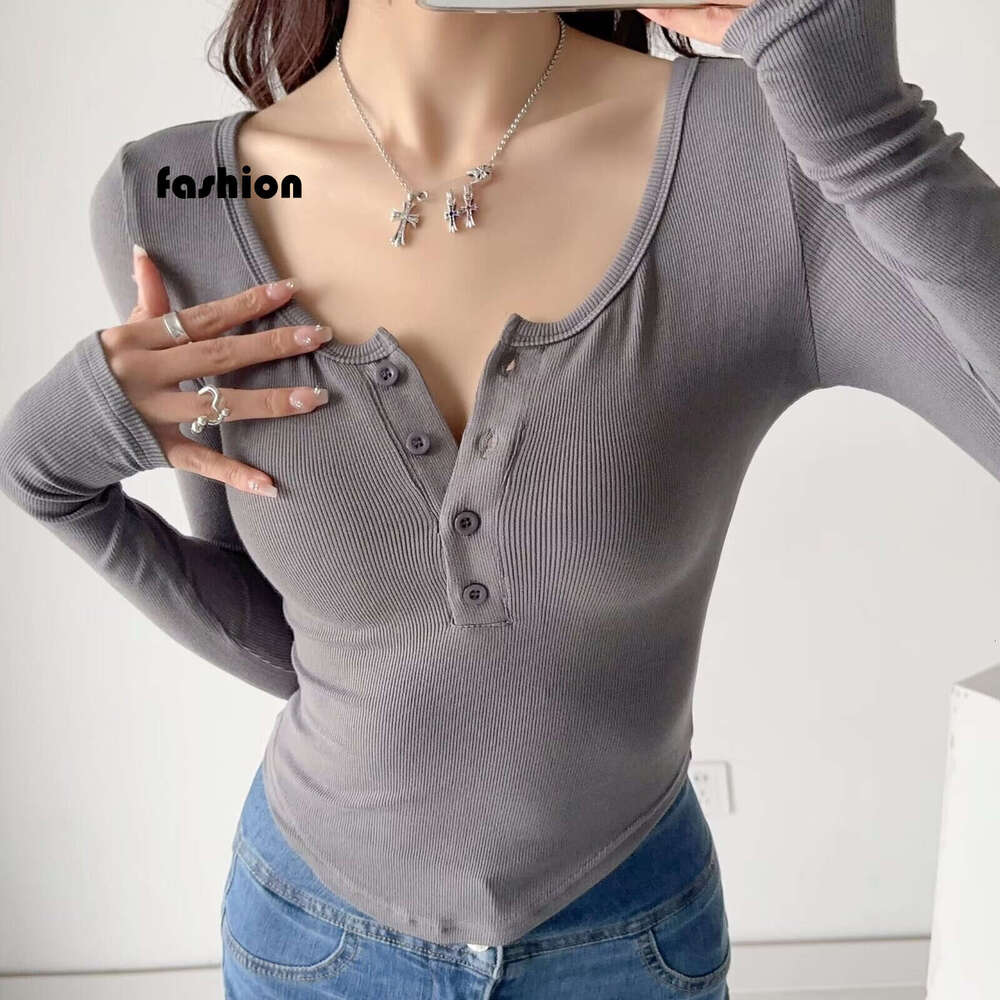 Spicy Girl Tight-Fitting Short-Sleeve T-Shirt For Women, Half-Button Round Neck, Curved Edge, Stretchy Slim-Fit Short Sports Top, Ins Style B5 g7