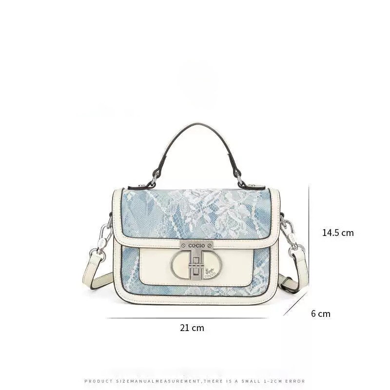 COCIO designer Shoulder Bags denim blue lace embroidered hand-held small square bag lock buckle fashionable leather crossbody shoulder bag