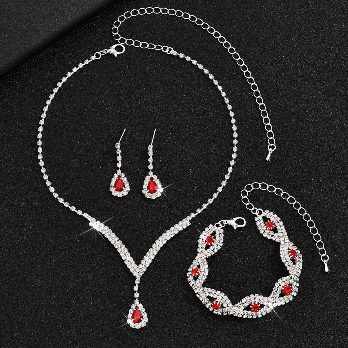 3 Pcs Rhinestone Bride Jewelry Set for Women Black Water Drop Crystal Earrings Wedding V Necklace Eye Bracelet Fashion- 250715
