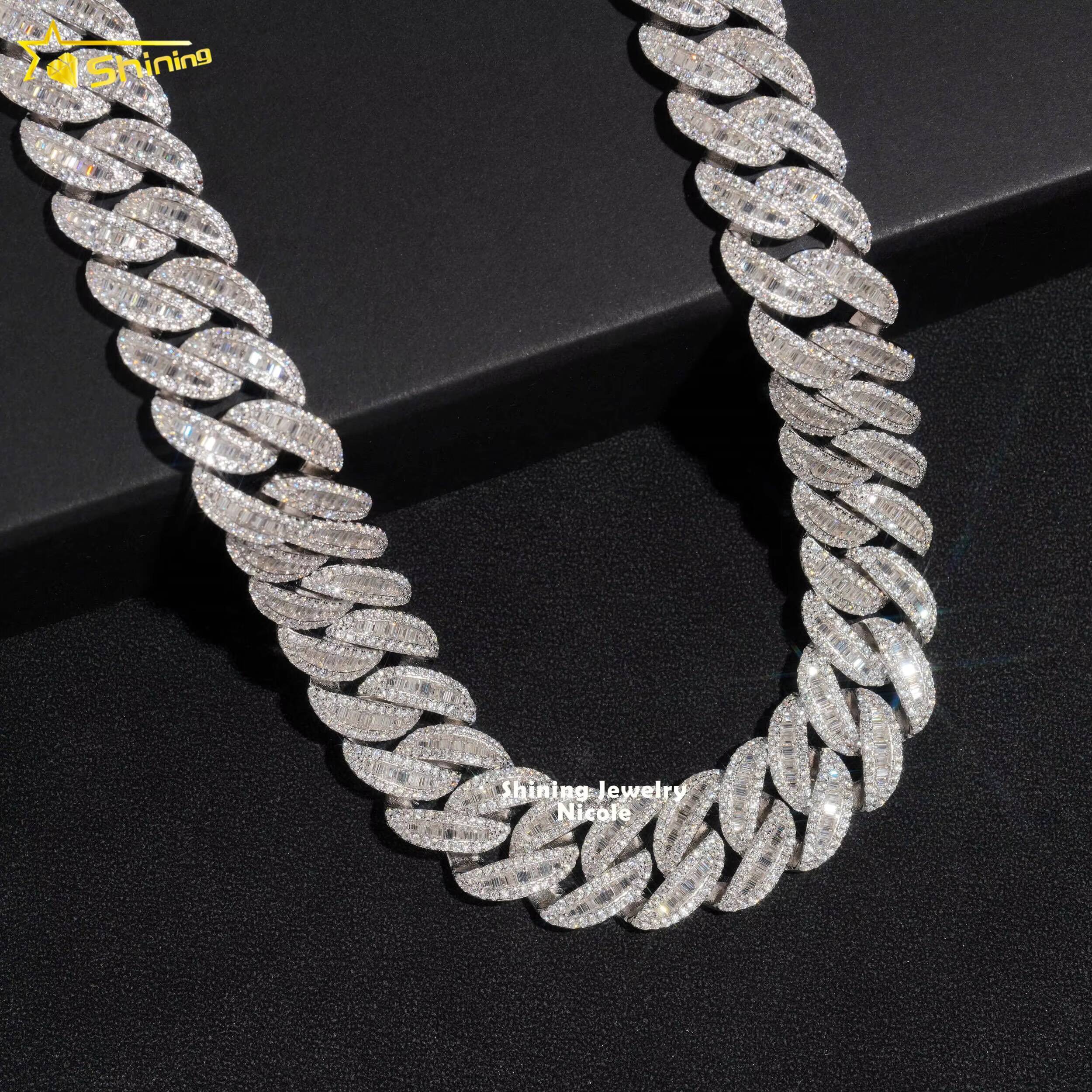 Luxury Hip Hop Style Baguette Diamond 19MM Miami Cuban Link Necklace 925 Sterling Silver Moissanite Cuban Chain