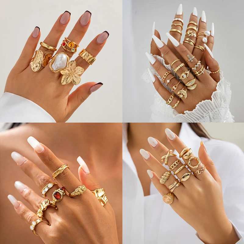 Punk Vintage Irregular Liquid Metal Finger Rings Set for Women Men Flower Geometric Pearl Open Rings Luxury Trendy Jewelry X250718