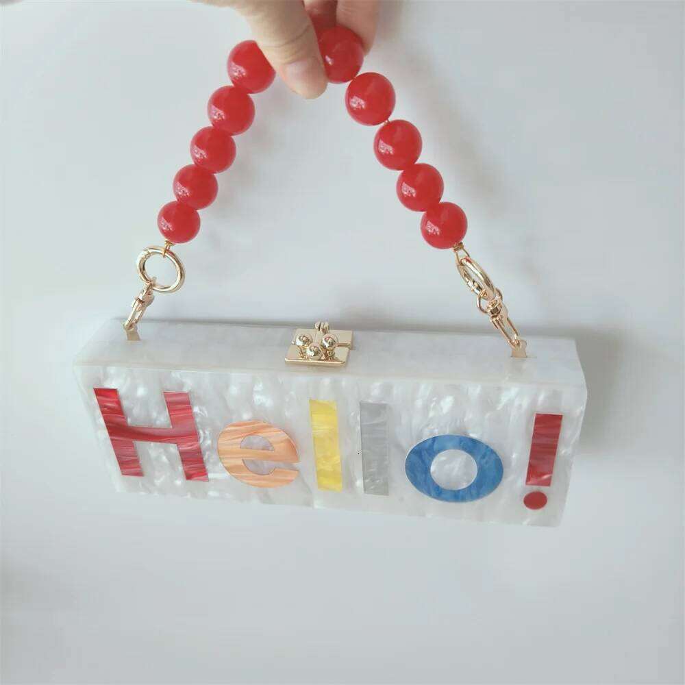 Pearl White Name Letter Hello Acrylic Bags Evening Wedding Clutch Long Purse Women Fashion Party Shoulder Bag