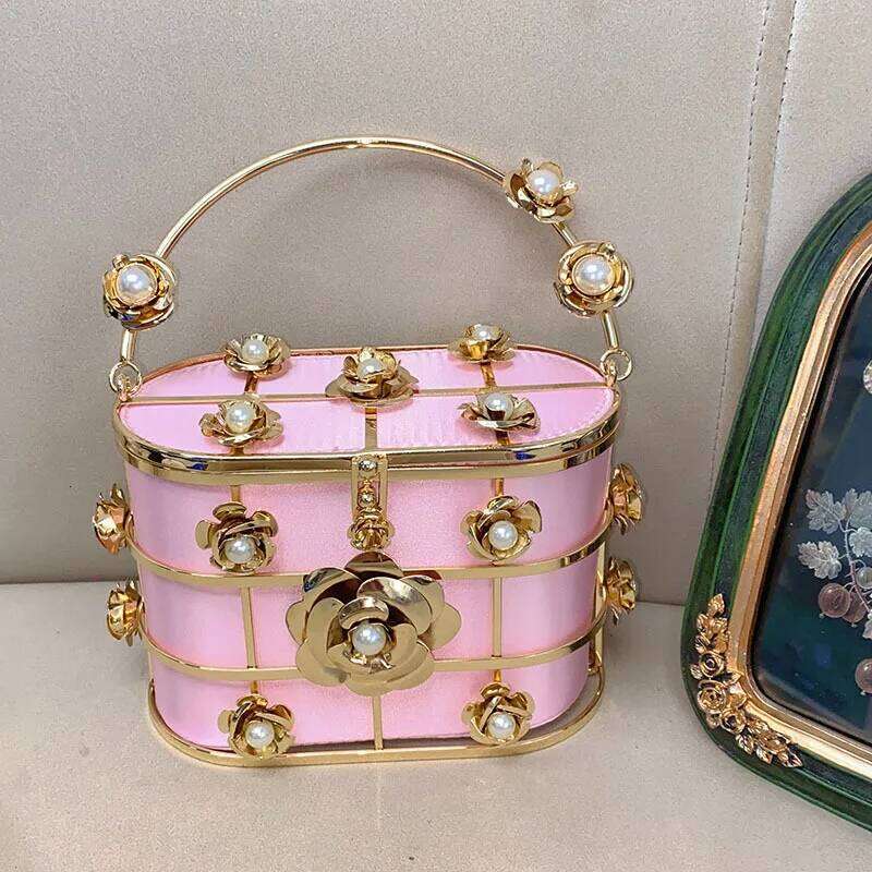 Designer Bags Metallic Cage Bucket Evening Flower Handbag Hollow Out Womens Bagrhinestone Dia Dinner Bags For Party Wedding Bag Luxury Bag